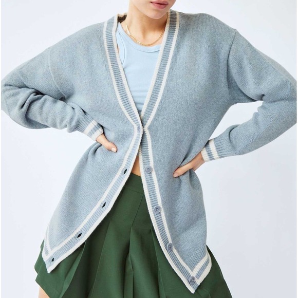 Aritzia Sunday Best Lamora Cardigan Sz M Blue Cream Striped Varsity Sweater Wool - Picture 1 of 12